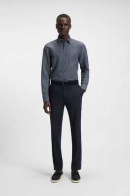 Casual-fit shirt in monogram-print linen-cotton chambray, Dark Blue