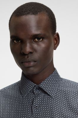 Casual-fit shirt in monogram-print linen-cotton chambray, Dark Blue