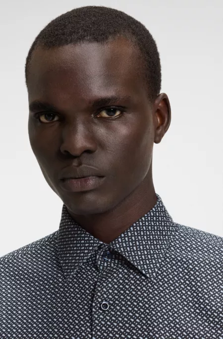 Casual-fit shirt in monogram-print linen-cotton chambray