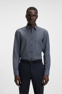 Casual-fit shirt in monogram-print linen-cotton chambray, Dark Blue