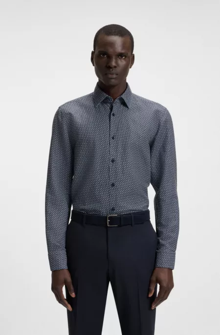 Casual-fit shirt in monogram-print linen-cotton chambray