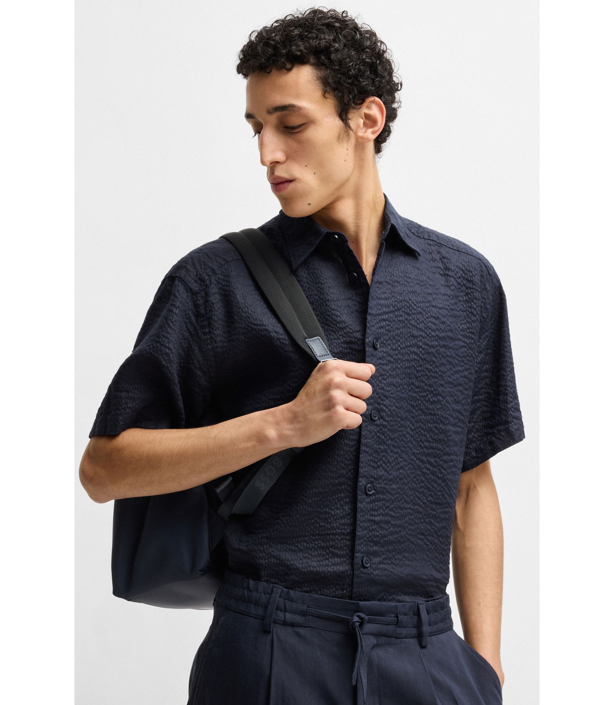 BOSS - Relaxed-fit shirt in Italian linen seersucker - Dark Blue