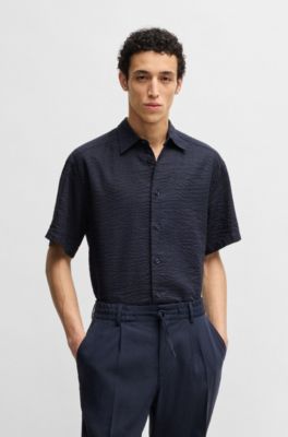 Camisa relaxed fit de sirsaca italiana de lino, Azul oscuro