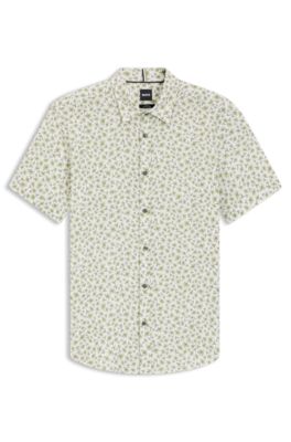Camisa slim fit de lino el&aacute;stico con estampado floral, Verde