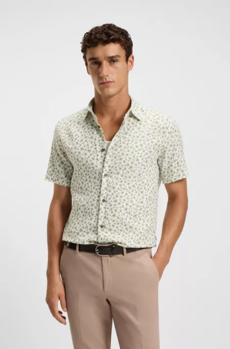 Slim-fit shirt in floral-print stretch linen