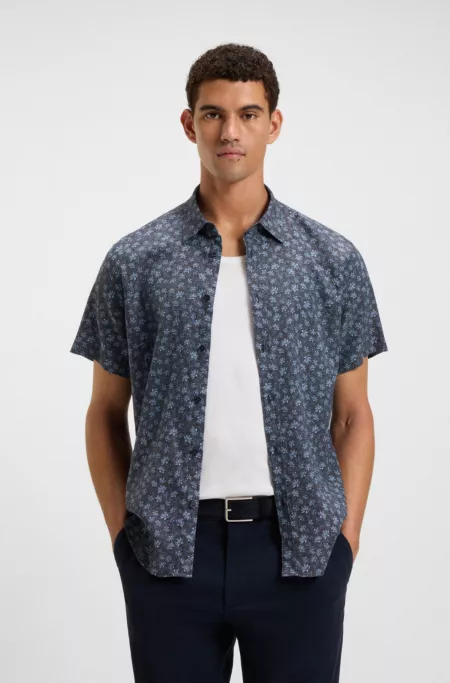 Slim-fit shirt in floral-print stretch linen