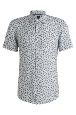 Camisa slim fit de lino el&aacute;stico con estampado floral, Celeste