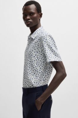 Camisa slim fit de lino el&aacute;stico con estampado floral, Celeste