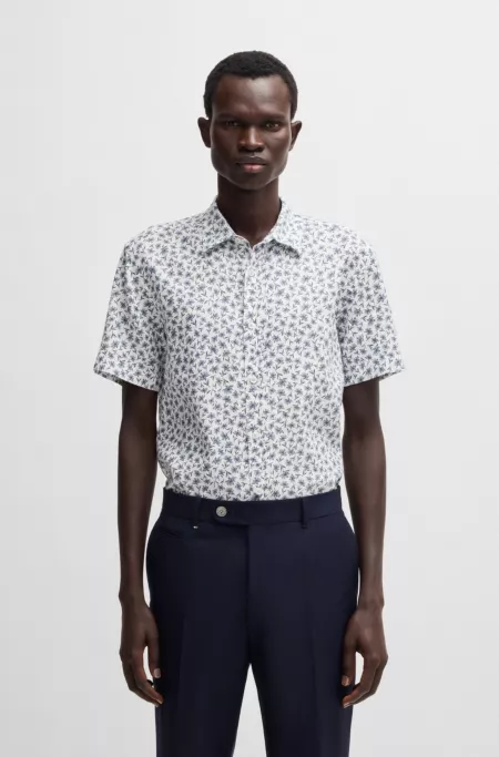 Slim-fit shirt in floral-print stretch linen