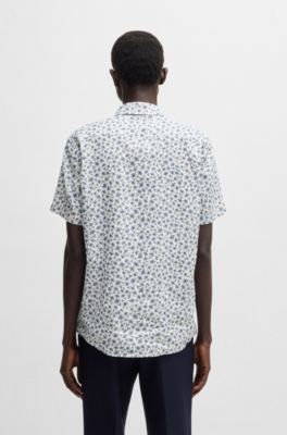 Camisa slim fit de lino el&aacute;stico con estampado floral, Celeste