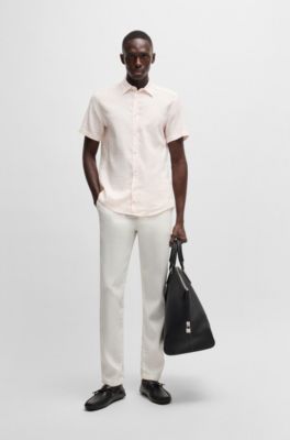 Camisa slim fit de lino el&aacute;stico con estampado floral, Rosa claro