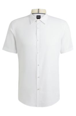Camisa slim fit de lino el&aacute;stico, Blanco