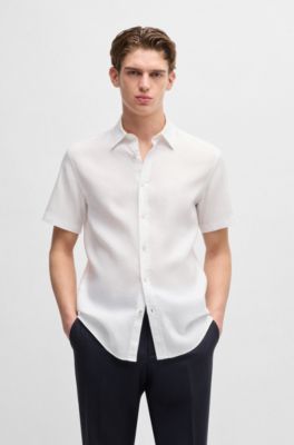 Camisa slim fit de lino el&aacute;stico, Blanco