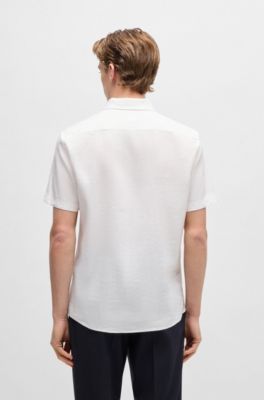 Camisa slim fit de lino el&aacute;stico, Blanco