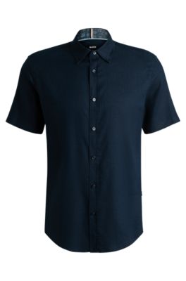Camisa slim fit de lino el&aacute;stico, Azul oscuro
