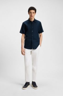 Camisa slim fit de lino el&aacute;stico, Azul oscuro