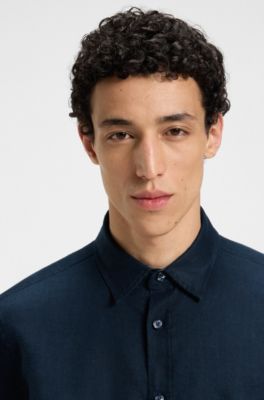 Camisa slim fit de lino el&aacute;stico, Azul oscuro