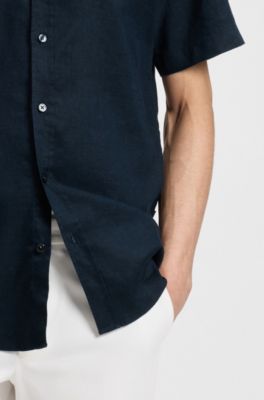 Camisa slim fit de lino el&aacute;stico, Azul oscuro