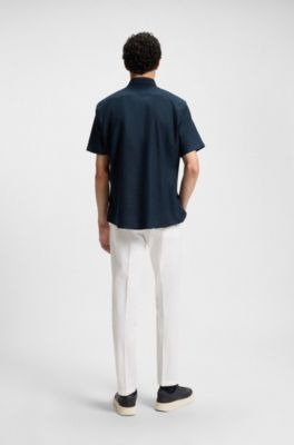 Camisa slim fit de lino el&aacute;stico, Azul oscuro