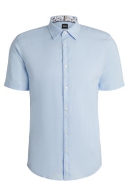 Camisa slim fit de lino el&aacute;stico, Celeste