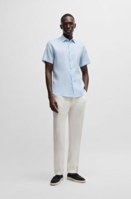 Camisa slim fit de lino el&aacute;stico, Celeste