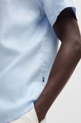 Camisa slim fit de lino el&aacute;stico, Celeste