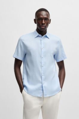 Camisa slim fit de lino el&aacute;stico, Celeste