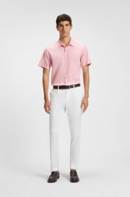 Camisa slim fit de lino el&aacute;stico, Rosa claro