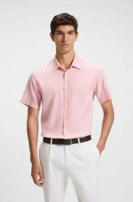 Camisa slim fit de lino el&aacute;stico, Rosa claro