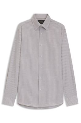 Slim-fit shirt in striped cotton, linen and silk, Light Beige