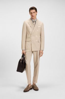 Slim-fit shirt in striped cotton, linen and silk, Light Beige