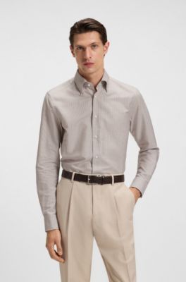 Slim-fit shirt in striped cotton, linen and silk, Light Beige