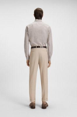 Slim-fit shirt in striped cotton, linen and silk, Light Beige