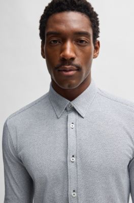 Slim-fit shirt in patterned cotton jacquard, Dark Blue