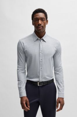 Slim-fit shirt in patterned cotton jacquard, Dark Blue