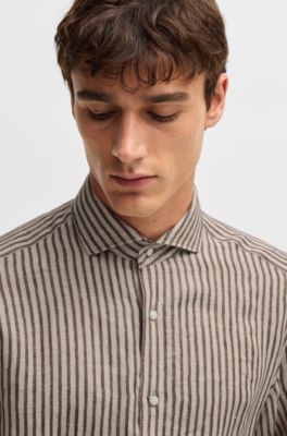 Camisa regular fit a rayas de lino hecho en Italia, Marr&oacute;n oscuro