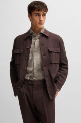 Camisa regular fit a rayas de lino hecho en Italia, Marr&oacute;n oscuro