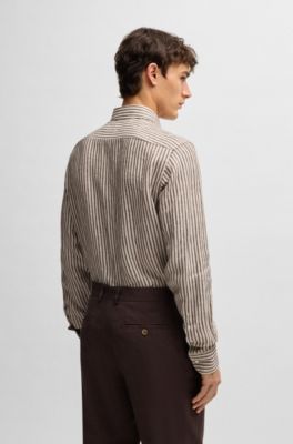 Camisa regular fit a rayas de lino hecho en Italia, Marr&oacute;n oscuro