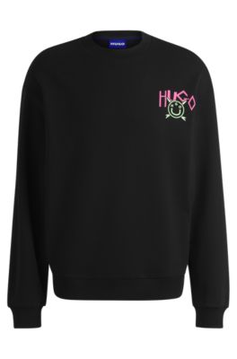 Cotton-terry sweatshirt with Happy HUGO logo, Black