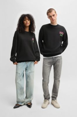 Cotton-terry sweatshirt with Happy HUGO logo, Black