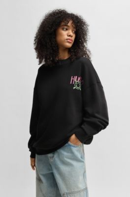 Cotton-terry sweatshirt with Happy HUGO logo, Black