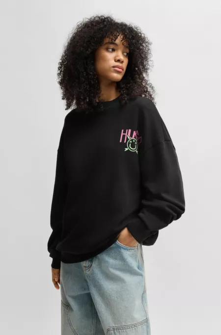 Cotton-terry sweatshirt with Happy HUGO logo