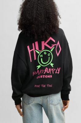 Cotton-terry sweatshirt with Happy HUGO logo, Black
