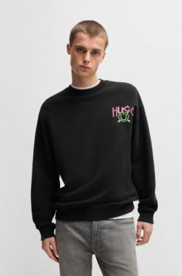 Cotton-terry sweatshirt with Happy HUGO logo, Black