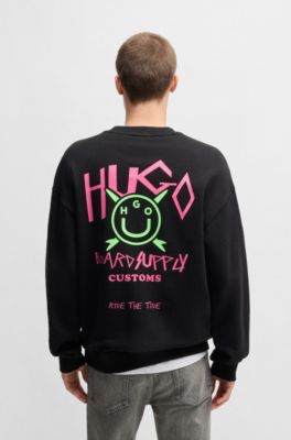 Cotton-terry sweatshirt with Happy HUGO logo, Black
