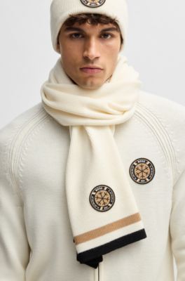 BOSS Ski virgin-wool scarf with logo badge, White