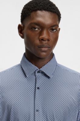 Camisa slim fit en punto t&eacute;cnico el&aacute;stico estampado, Azul oscuro