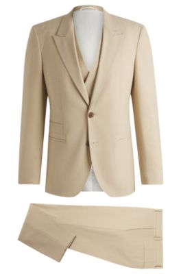 Three-piece slim-fit suit in mohair-look dobby, Light Beige