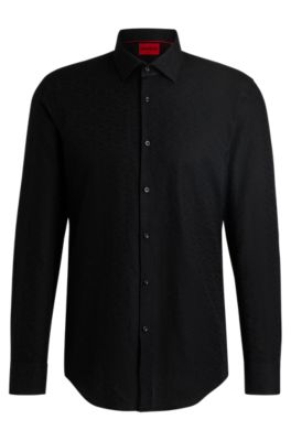 HUGO - Slim-fit shirt in cotton-linen jacquard - Black