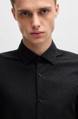 Camisa slim fit de jacquard de algod&oacute;n y lino, Negro